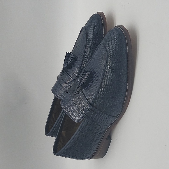 1421- Stacy Adams Pacetti Genuine Leather Size 9 W Navy Blue - Picture 1 of 13